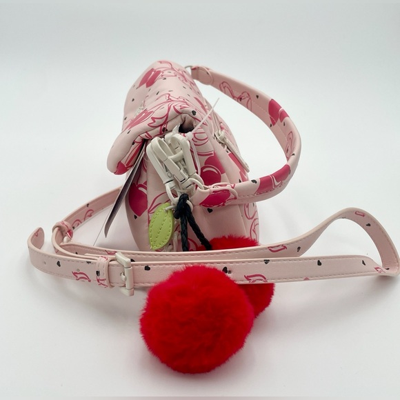 BETSEY JOHNSON Pink Bow LBCORAL Cherries Hearts Crossbody Purse‎ with Pom Pom - Picture 4 of 9